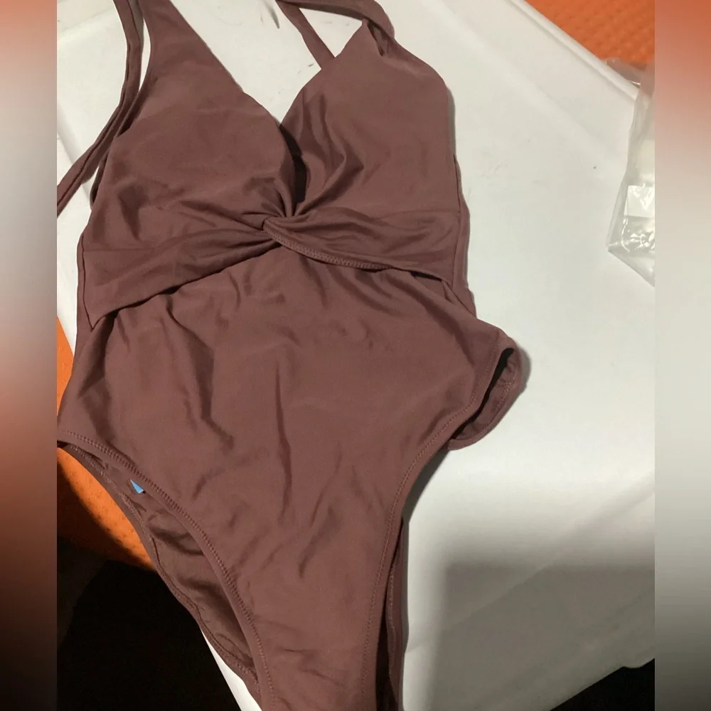 Women One Piece Swimsuit Tummy Control Bathing Suit Brown Ruched NWT Size M